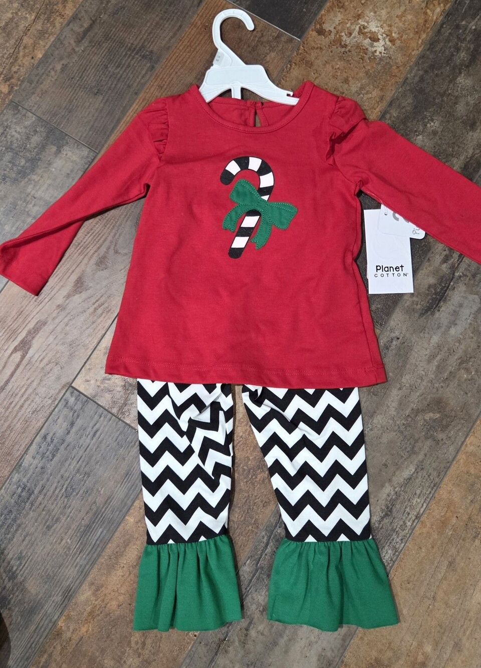 NWT Planet Cotton Baby Girls Sz 18 M 2 Pc Candy Cane Chevron Pant Set Zig Zag B9